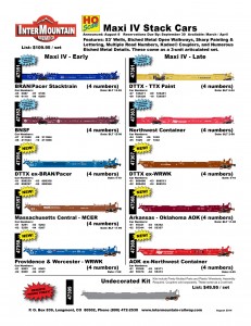 HO Scale Maxi IV Stack Cars BRAN Pacer Stacktrain BNSF DTTX ex-BRAN Pacer Massachusetts Central MCER Providence & Worcester WRWK DTTX TTX Northwest Container DTTX ex-WRWK Arkansas Oklahoma AOK AOK ex-Northwest Container Undecorated Kit