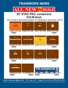 Trainworx N Scale 20' Stac-Pac Containers Rio Grande Union Pacific Burlington Northern Santa Fe Southern Pacific Cotton Belt Milwaukee Road Southern Rock Island Florida East Coast MDT Stac-Pac Oldsmobile Unlettered